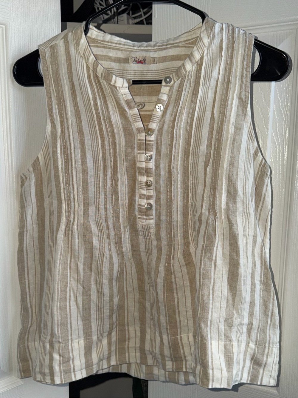 Sleeveless Striped Linen Top - Beige/White
